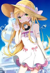 Rule 34 | 1girl, absurdres, bakemonogatari, blonde hair, blush stickers, bottle, bow, cloud, day, doughnut, dress, fang, food, hat, hat bow, highres, holding, holding bottle, long hair, looking at viewer, monogatari (series), mouth hold, natsuki (39894119), oshino shinobu, outdoors, red bow, sky, solo, straw hat, very long hair, water, water bottle, white dress, yellow eyes