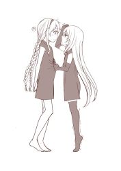 Rule 34 | 2girls, ?, aged down, arms behind back, blush, braid, child, commentary request, dress, elbow gloves, eye contact, from side, gloves, greyscale, hairband, height conscious, height difference, hokaze junko, long braid, long hair, looking at another, monochrome, multiple girls, nogi yasuhito, profile, shokuhou misaki, smile, spoken question mark, tiptoes, toaru kagaku no railgun, toaru kagaku no railgun gaiden: astral buddy, toaru majutsu no index, trembling, twin braids, very long hair, white background