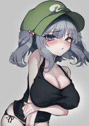 Rule 34 | 1girl, alternate costume, arm under breasts, black panties, black tank top, blue eyes, blue hair, blush, breast lift, breasts, cabbie hat, cleavage, commentary request, cowboy shot, green hat, grey background, hair bobbles, hair ornament, hat, kawashiro nitori, large breasts, leaning forward, looking at viewer, medium bangs, medium hair, no pants, ohkey now, open mouth, panties, simple background, solo, tank top, touhou, two side up, underwear