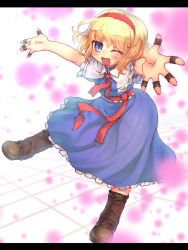 Rule 34 | 1girl, alice margatroid, belt, blonde hair, blue dress, blue eyes, blush, boots, capelet, dress, female focus, hairband, highres, jewelry, letterboxed, one eye closed, open mouth, outstretched arms, ring, sankuma, sash, short hair, smile, solo, tile floor, tiles, touhou, wink