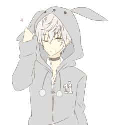 Rule 34 | 10s, animal hood, bad id, bad pixiv id, hood, hooded jacket, jacket, looking at viewer, male focus, one eye closed, pixiv id 1395916, pom pom (clothes), rabbit hood, ren (friends-love), shimotsuki shun, silver hair, simple background, smile, solo, tsukino talent production, tsukiuta, upper body, white background