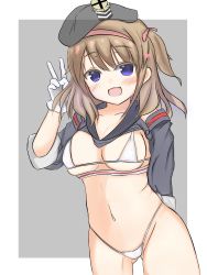 Rule 34 | 1girl, absurdres, arm behind back, azur lane, bad id, bad twitter id, beret, blush, breasts, brown hair, collar, collarbone, commentary request, elbow gloves, gloves, groin, hat, highres, looking at viewer, medium breasts, navel, purple eyes, simple background, solo, v, white gloves, z35 (azur lane)