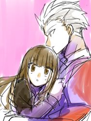 Rule 34 | 10s, 1boy, 1girl, archer (fate), brown eyes, brown hair, fate/extra, fate/stay night, fate (series), grey hair, kishinami hakuno (female), long hair, open mouth, pink background, short hair