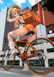 Rule 34 | 1girl, alternate hairstyle, ass, ass cutout, backpack, bag, bicycle, bicycle helmet, bicycle seat, bike jersey, bike shorts, blonde hair, blue eyes, blue sky, bottle, brand name imitation, breasts, building, butcha-u, butt crack, clothing cutout, cloud, crotch cutout, crotchless, crotchless shorts, day, delightfully fuckable and unrefined!!, elbow pads, fingerless gloves, from behind, from below, full body, gloves, happy, helmet, highres, hooters, knee pads, large breasts, long hair, looking at viewer, looking back, loose socks, mari (delightfully fuckable and unrefined!!), mask, mouth mask, orange headwear, orange shorts, original, outdoors, padded gloves, ponytail, shirt, shoes, shorts, sky, sleeveless, sleeveless shirt, smile, sneakers, socks, uber eats, water bottle, white footwear, white gloves, white legwear, white shirt