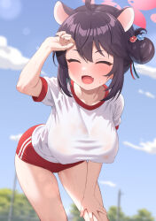 Rule 34 | 1girl, ahoge, animal ears, black hair, blue archive, blue sky, blurry, blurry background, breasts, buruma, closed eyes, cloud, commentary request, day, fang, gym uniform, hair bun, halo, highres, kaede (blue archive), large breasts, leaning forward, open mouth, oppai loli, outdoors, red buruma, shirt, short hair, short sleeves, skin fang, sky, solo, sonao, sweat, wet, wet clothes, white shirt