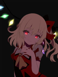 Rule 34 | 1girl, ascot, black background, blonde hair, closed mouth, collared shirt, crystal, dark, flandre scarlet, glowing, glowing crystal, glowing eyes, hair ribbon, hands on own chest, highres, looking at viewer, medium hair, no headwear, one side up, puffy short sleeves, puffy sleeves, red ribbon, red skirt, red vest, ribbon, shirt, short sleeves, simple background, skirt, skirt set, smile, solo, tosakaoil, touhou, vest, white shirt, wings, yellow ascot