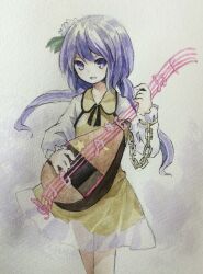Rule 34 | 1girl, biwa lute, black ribbon, brown dress, collared dress, cowboy shot, dress, flower, hair flower, hair ornament, highres, holding, holding instrument, instrument, kaigen 1025, lute (instrument), music, neck ribbon, playing instrument, purple eyes, purple hair, ribbon, solo, touhou, traditional media, tsukumo benben, twintails, white sleeves