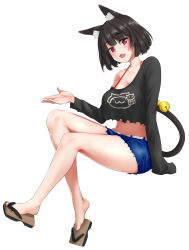Rule 34 | 1girl, absurdres, animal ear fluff, animal ears, azur lane, barefoot, bell, bikini, bikini under clothes, black hair, black shirt, blue shorts, breasts, cat ears, cat girl, cat tail, crop top, crop top overhang, fang, full body, highres, large breasts, linea alba, looking at viewer, midriff, official alternate costume, ojisan f, open mouth, purple eyes, red bikini, shirt, short hair, shorts, simple background, single bare shoulder, solo, swimsuit, tail, tail bell, tail ornament, torn clothes, torn shirt, torn shorts, white background, yamashiro (azur lane), yamashiro (vacation offensive!) (azur lane)