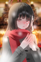 Rule 34 | 1girl, absurdres, alternate costume, black hair, blue archive, blurry, blurry background, blush, bright pupils, closed mouth, coat, educk, grey coat, hair ornament, hairpin, halo, highres, korean commentary, long hair, long sleeves, looking at viewer, mixed-language commentary, red eyes, red scarf, rio (blue archive), scarf, sketch, solo, white pupils