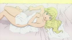 Rule 34 | 1girl, bed, bed sheet, blonde hair, breasts, cleavage, enomoto kei, green eyes, hatsukoi limited, long hair, lying, open mouth, squeezing, towel
