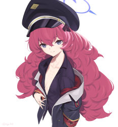 Rule 34 | 1girl, armband, black eyes, black hat, black jacket, black shirt, blue archive, blue halo, breasts, curly hair, halo, hat, highres, ingerdoll, iroha (blue archive), jacket, looking at viewer, neck, no bra, red hair, shirt, small breasts, solo, twitter, upper body, white background