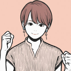 Rule 34 | 1girl, black eyes, brown hair, brown shirt, clenched hands, earrings, flat color, hands up, highres, jewelry, looking at viewer, miyoshi yoshimi, original, pink background, shirt, short hair, short sleeves, simple background, smile, solo