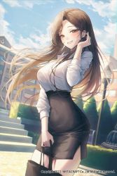 Rule 34 | 1girl, absurdres, bag, black skirt, blue sky, blush, breasts, brown eyes, brown hair, building, bush, cloud, collared shirt, commentary request, copyright notice, copyright request, ear piercing, floating hair, fountain, grin, hand up, highres, holding, holding bag, korean commentary, lamppost, large breasts, long hair, long sleeves, looking at viewer, meoyo, mixed-language commentary, outdoors, pencil skirt, piercing, shirt, shirt tucked in, skirt, sky, smile, solo, stairs, tree, white shirt