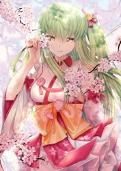 Rule 34 | 1girl, absurdres, bell, bow, breasts, budgiepon, c.c., cherry blossoms, code geass, cosplay request, dress, green hair, hair bell, hair between eyes, hair ornament, highres, hololive, long hair, looking at viewer, medium breasts, pink bow, pink dress, ribbon, sakura miko, sakura miko (1st costume), side ponytail, smile, solo, virtual youtuber