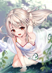 Rule 34 | 1girl, :d, arm support, bare arms, blonde hair, blurry, brown eyes, collarbone, commentary request, day, dress, eyelashes, fate/kaleid liner prisma illya, fate (series), floating hair, hand up, highres, illyasviel von einzbern, leaf, long hair, looking at viewer, open mouth, outdoors, revision, smile, solo, teeth, tongue, upper teeth only, water, water drop, wet, wet clothes, wet dress, white dress, yan (nicknikg)