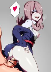 Rule 34 | 1girl, anus, ass, bar censor, breasts, censored, clothed female nude male, clothed sex, cum, cum in pussy, grey background, hair over one eye, hand on own ass, highres, jcm2, little witch academia, long hair, long sleeves, male pubic hair, medium breasts, nipples, nude, penis, pubic hair, pussy, sex, simple background, solo focus, sucy manbavaran