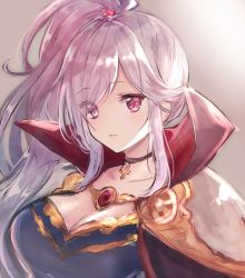 Rule 34 | 1girl, ajipontarou, armor, breasts, choker, cleavage, closed mouth, eyes visible through hair, fire emblem, fire emblem: genealogy of the holy war, fire emblem heroes, ishtar (fire emblem), large breasts, nintendo, ponytail, purple eyes, shoulder armor, silver hair, simple background, solo, upper body