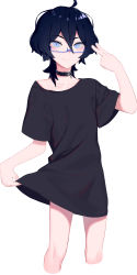 Rule 34 | 1boy, absurdres, ahoge, black choker, black shirt, blue-framed eyewear, blue eyes, choker, closed mouth, clothes pull, collarbone, commentary request, cowboy shot, cropped legs, glasses, hair between eyes, hand up, highres, indie virtual youtuber, kushizaki (vtuber), looking at viewer, male focus, purple hair, semi-rimless eyewear, shirt, shirt pull, short hair, short sleeves, simple background, single bare shoulder, smile, solo, st (youx1119), t-shirt, trap, under-rim eyewear, v, virtual youtuber, white background