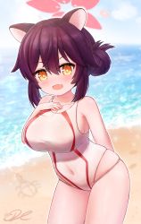 Rule 34 | :d, animal ears, arm behind back, bare arms, beach, black hair, blue archive, breasts, competition swimsuit, covered navel, cowboy shot, day, fang, hair between eyes, hair bun, halo, hand on own chest, highres, j2l, kaede (blue archive), large breasts, one-piece swimsuit, open mouth, oppai loli, short hair, skindentation, smile, swimsuit, water, yellow eyes