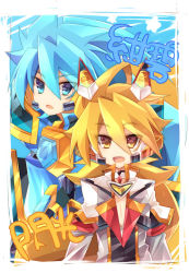 Rule 34 | 2boys, :d, armor, blonde hair, blue armor, blue background, blue eyes, blue hair, headgear, jacket, long sleeves, looking at viewer, male focus, multiple boys, open mouth, rento (rukeai), saikyou ginga ultimate zero ~battle spirits~, smile, spiked hair, star (symbol), starry background, white jacket, yellow eyes, zero the azure, zero the glint