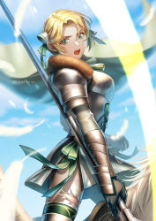 Rule 34 | 1girl, armor, blonde hair, breastplate, breasts, feathers, fire emblem, fire emblem: three houses, flying, fur collar, green eyes, haru (toyst), holding, holding weapon, ingrid brandl galatea, long sleeves, looking at viewer, nintendo, open mouth, outdoors, polearm, riding, short hair, sky, solo, torn clothes, weapon