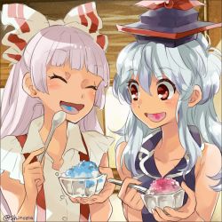 Rule 34 | 2girls, bare shoulders, blue dress, blue hair, bow, bowl, collarbone, colored tongue, dress, earrings, food, fujiwara no mokou, hair bow, hat, jewelry, kamishirasawa keine, long hair, multiple girls, open mouth, red eyes, shaved ice, shinoasa, shirt, silver hair, sleeveless, sleeveless dress, sleeveless shirt, smile, spoon, suspenders, tongue, tongue out, touhou, twitter username, upper body