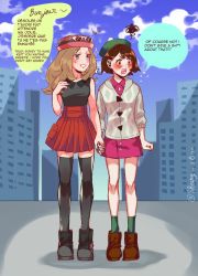Rule 34 | 2girls, blue eyes, blush, boots, brown eyes, brown hair, building, cityscape, cloud, cloudy sky, creatures (company), day, english text, eyewear on head, flying sweatdrops, french text, game freak, gloria (pokemon), green hat, hat, highres, holding hands, looking away, multiple girls, nintendo, pokemon, pokemon swsh, pokemon xy, profanity, serena (pokemon), sheery sbox, short hair, sky, sleeveless duster, sparkle, sunglasses, thighhighs, tsundere, yuri