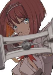 Rule 34 | 1girl, aiming, aiming at viewer, aqua eyes, ark royal (kancolle), arrow (projectile), blue eyes, blurry, bob cut, boushi-ya, bow (weapon), breasts, cleavage cutout, clothing cutout, depth of field, fingerless gloves, gloves, hair between eyes, hairband, inverted bob, kantai collection, long sleeves, looking at viewer, medium breasts, red hair, red ribbon, ribbon, short hair, simple background, solo, tiara, upper body, weapon, white background
