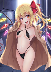 Rule 34 | 1girl, absurdres, bikini, black bikini, blonde hair, bow, breasts, coat, cowboy shot, fang, flandre scarlet, hair bow, halterneck, highleg, highleg bikini, highres, long hair, looking at viewer, miy@, navel, open mouth, pointy ears, red bow, red eyes, side ponytail, small breasts, smile, solo, standing, stomach, swimsuit, tongue, tongue out, touhou, wings