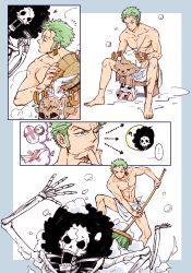 Rule 34 | 3boys, ?, abs, afro, antlers, bathing, black hair, brook (one piece), chabo (niwatori bosori), comic, creature, earrings, full body, green hair, highres, horns, jewelry, male focus, multiple boys, muscular, one piece, pectorals, reindeer, roronoa zoro, scar, silent comic, skeleton, smile, thinking, tony tony chopper, underwear, underwear only