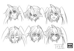 Rule 34 | 1girl, absurdres, ahoge, angry, closed eyes, female focus, frown, greyscale, high school dxd, highres, japanese text, long hair, monochrome, multiple views, official art, one eye closed, open mouth, settei, shidou irina, smile, solo, twintails, wink