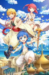Rule 34 | 1girl, 2boys, aladdin (magi), ali baba saluja, bandages, barefoot, blonde hair, blue eyes, blue hair, blush, boots, braid, breasts, cloud, commentary request, cross-laced footwear, day, dress, earrings, feet, flute, highres, holding, holding staff, house, hua-j, instrument, jacket, jewelry, looking at viewer, magi the labyrinth of magic, midriff, morgiana, multiple boys, navel, ocean, one side up, open mouth, red eyes, red hair, short hair, single braid, staff, teeth, upper teeth only, water, weapon, yellow eyes