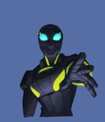 Rule 34 | 1boy, arm at side, armor, black armor, black bodysuit, blue background, bodysuit, breastplate, commentary request, cropped torso, gatchmanv, highres, indie virtual youtuber, looking at viewer, male focus, mask, outstretched hand, power suit, reaching, reaching towards viewer, simple background, solo, ukata, upper body, virtual youtuber