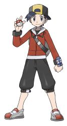 Rule 34 | 1boy, absurdres, backpack, backwards hat, bag, baseball cap, black hair, black pants, capri pants, clenched hand, closed mouth, creatures (company), ethan (pokemon), full body, game freak, grey bag, grey eyes, hand up, hat, highres, holding, holding poke ball, jacket, legs apart, long sleeves, male focus, nintendo, official art, pants, poke ball, poke ball (basic), pokemon, pokemon hgss, red jacket, shirt, shoes, short hair, smile, solo, standing, strap, sugimori ken, transparent background, zipper pull tab