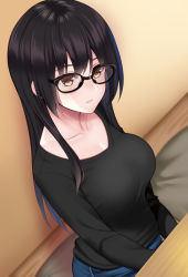 Rule 34 | 1girl, black-framed eyewear, black hair, black sweater, blue hair, blush, book, breasts, closed mouth, collarbone, commentary request, denim, glasses, gradient hair, holding, holding book, huyumitsu, indoors, jeans, large breasts, long hair, long sleeves, looking at viewer, multicolored hair, original, paid reward available, pants, sitting, solo, straight hair, sweater, two-tone hair, yellow eyes