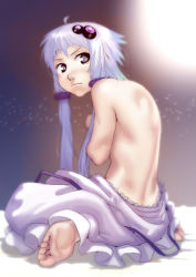 Rule 34 | 1girl, ahoge, back, barefoot, closed mouth, clothes pull, covering privates, covering breasts, dress, dress pull, feet, full body, hair ornament, highres, long hair, looking at viewer, purple eyes, purple hair, short hair with long locks, sidelocks, sitting, soles, solo, soon (c-u-soon), toes, topless, twintails, vocaloid, yuzuki yukari