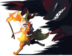 Rule 34 | animal ear fluff, animal nose, blue eyes, braixen, brown eyes, carrying, claws, clenched teeth, commentary, conmimi, creature, creatures (company), english commentary, eye contact, fang, fire, fire, furry, game freak, gen 5 pokemon, gen 6 pokemon, gen 7 pokemon, holding, holding pokemon, holding stick, looking at another, nintendo, pokemon, pokemon (creature), running, shadow, sharp teeth, simple background, snout, stick, teeth, white background, zoroark, zorua