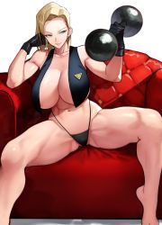 Rule 34 | 1girl, absurdres, android 18, bare shoulders, black gloves, black panties, blue eyes, breasts, collarbone, couch, dragon ball, dragonball z, dumbbell, earrings, exercising, forehead, gloves, highleg, highleg panties, highres, jewelry, large breasts, looking at viewer, navel, no bra, panties, parted bangs, short hair, sitting, smile, solo, thighs, underwear, weightlifting, yoshio (55level)