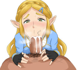 Rule 34 | 1boy, 1girl, :&gt;=, blonde hair, braid, cum, cum in mouth, fellatio, fingerless gloves, gloves, green eyes, hair ornament, hairclip, heart, heart-shaped pupils, large penis, long ears, long hair, looking at penis, nintendo, oral, penis, pointy ears, pov, princess zelda, pubic hair, rider 117, stray pubic hair, symbol-shaped pupils, the legend of zelda, the legend of zelda: breath of the wild, uncensored