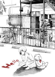 Rule 34 | bad id, bad pixiv id, barefoot, clothesline, dress, english text, fence, highres, kahama youko, laundry, monochrome, original, road, short hair, solo, spot color, squatting, stairs, street, stuffed animal, stuffed toy, teddy bear