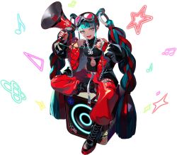 Rule 34 | 1girl, 39, aqua eyes, aqua hair, beamed eighth notes, belt, black footwear, black jacket, black shirt, blunt bangs, boots, cable, clothes writing, clothing cutout, cross-laced footwear, crypton future media, detached hair, down jacket, eighth note, goggles, goggles on head, hatsune miku, hip vent, holding, holding megaphone, jacket, lace-up boots, lam (ramdayo), magical mirai (vocaloid), magical mirai miku, magical mirai miku (2023), megaphone, musical note, navel cutout, neon lights, official art, open mouth, pants, piapro, red nails, red pants, ring hair ornament, ringed eyes, second-party source, shirt, sitting, sitting on object, sleeveless, sleeveless shirt, smile, solo, speaker, star (symbol), transparent background, triangle, vocaloid