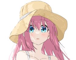 Rule 34 | 1girl, bare shoulders, blue eyes, blush, bocchi the rock!, collarbone, dot nose, dress, gotoh hitori, hair between eyes, hat, hat ribbon, highres, long hair, looking at viewer, open mouth, pink hair, portrait, ribbon, simple background, solo, strap, straw hat, sun hat, sundress, to9 722, white background, white ribbon