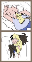 Rule 34 | 1boy, 1girl, bed, black hair, breasts, creatures (company), cuddling, fat, fat man, franschesco, game freak, gen 7 pokemon, highres, huge breasts, long ears, long hair, mimikyu, nintendo, pokemon, size difference, sleeping, tall female, white background