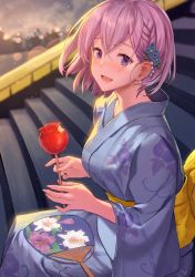 Rule 34 | 1girl, alternate costume, blush, candy apple, commentary request, fate/grand order, fate (series), floral print, flower, food, hair between eyes, hair flower, hair ornament, hand fan, haru (hiyori-kohal), japanese clothes, kimono, light blush, mash kyrielight, obi, open mouth, outdoors, paper fan, purple eyes, purple hair, purple kimono, sash, short hair, sitting, solo, stairs, uchiwa, wide sleeves, yellow sash