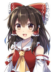 Rule 34 | 1girl, :d, ascot, bare shoulders, blush, bow, brown eyes, brown hair, commentary request, detached sleeves, e.o., frilled bow, frilled shirt collar, frills, hair bow, hair tubes, hakurei reimu, highres, long hair, looking at viewer, open mouth, red bow, red vest, ribbon-trimmed collar, ribbon-trimmed sleeves, ribbon trim, sidelocks, simple background, smile, solo, tareme, touhou, upper body, vest, white background, yellow ascot