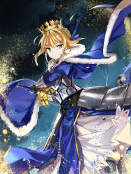 Rule 34 | 1girl, armor, artoria pendragon (fate), blonde hair, cape, crown, dr poapo, excalibur (fate/stay night), fate/stay night, fate (series), gauntlets, green eyes, highres, holding, holding sword, holding weapon, looking at viewer, rain, saber (fate), solo, sword, weapon