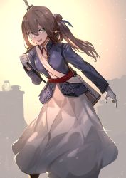 Rule 34 | 1girl, :d, absurdres, blue jacket, blue ribbon, blush, breasts, brown hair, collared shirt, commentary request, cup, dagger, dress, fixro2n, girls&#039; frontline, gloves, green eyes, hair between eyes, hair ribbon, hand up, highres, jacket, knife, leaning forward, long hair, long sleeves, neck ribbon, open mouth, red ribbon, ribbon, round teeth, shirt, sidelocks, small breasts, smile, solo, springfield (girls&#039; frontline), striped ribbon, teacup, teeth, upper teeth only, weapon, white dress, white gloves