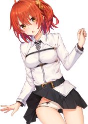 Rule 34 | ahoge, blouse, clothes lift, collared shirt, commentary request, cowboy shot, fate/grand order, fate (series), fujimaru ritsuka (female), hair between eyes, highres, panties, pantyshot, shirt, shuutou haruka, simple background, solo, standing, tagme, underwear, white background, white shirt