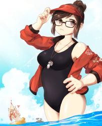 Rule 34 | 1boy, 1girl, bad id, bad twitter id, bare shoulders, black-framed eyewear, black one-piece swimsuit, blonde hair, blue sky, blush, breasts, brown eyes, brown hair, closed mouth, cloud, cloudy sky, collarbone, covering own eyes, cowboy shot, day, embarrassed, glasses, hair bun, hand on headwear, hat, heart, innertube, island, jacket, junkrat (overwatch), large breasts, mechanical arms, mei (overwatch), ocean, off shoulder, one-piece swimsuit, open clothes, open jacket, open mouth, outdoors, overwatch, overwatch 1, palm tree, partially submerged, perio 67, red jacket, short hair, sidelocks, single hair bun, single mechanical arm, sky, swept bangs, swim ring, swimsuit, swimsuit under clothes, tree, visor cap, wading, water, whistle
