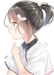 Rule 34 | 1girl, black hair, blush, brown eyes, butterfly hair ornament, collared shirt, commentary request, cube hair ornament, hair ornament, highres, long hair, open mouth, original, ponytail, profile, shirt, short sleeves, simple background, solo, white background, white shirt, yuki arare